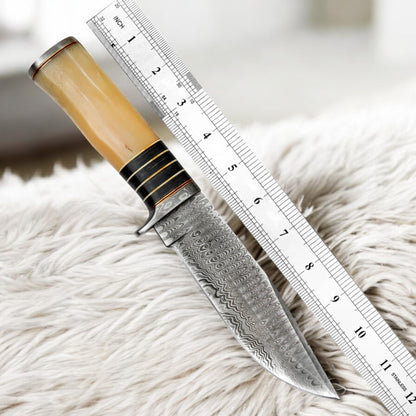 11″ Handmade Damascus Steel Knife – Bone Handle Fixed Blade with Brass Guard & Leather Sheath