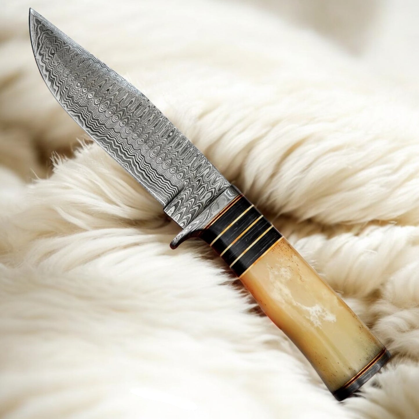 11″ Handmade Damascus Steel Knife – Bone Handle Fixed Blade with Brass Guard & Leather Sheath
