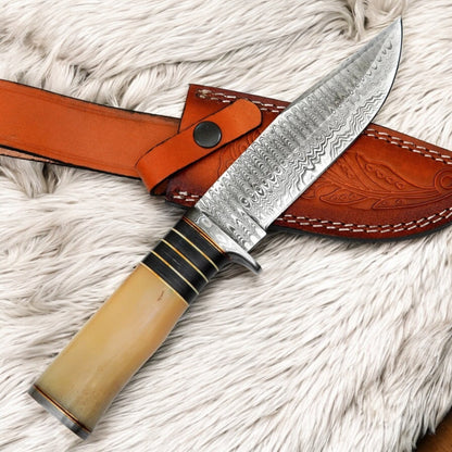 11″ Handmade Damascus Steel Knife – Bone Handle Fixed Blade with Brass Guard & Leather Sheath