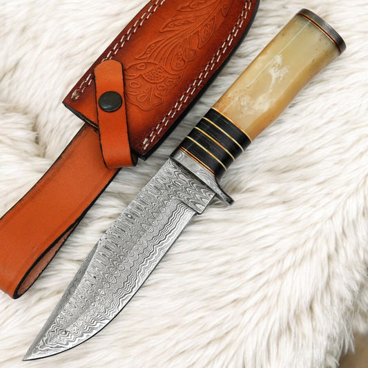 11″ Handmade Damascus Steel Knife – Bone Handle Fixed Blade with Brass Guard & Leather Sheath