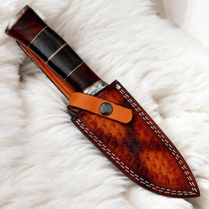 11” Custom Handmade Damascus Steel Knife with Buffalo Horn Handle & Leather Sheath | Arham Cutlery