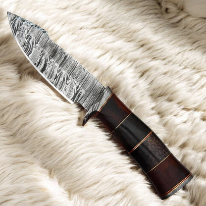 11” Custom Handmade Damascus Steel Knife with Buffalo Horn Handle & Leather Sheath | Arham Cutlery