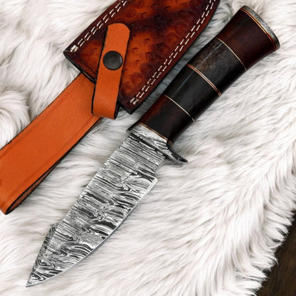 11” Custom Handmade Damascus Steel Knife with Buffalo Horn Handle & Leather Sheath | Arham Cutlery
