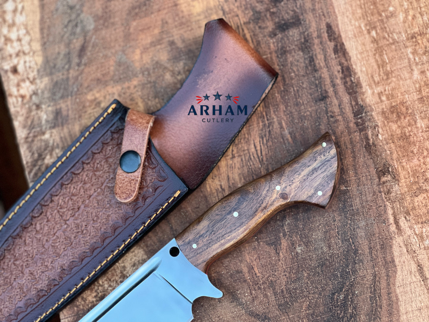 Premium 13" Handmade Hunting Knife – D2 Tool Steel, Rosewood Handle, Leather Sheath