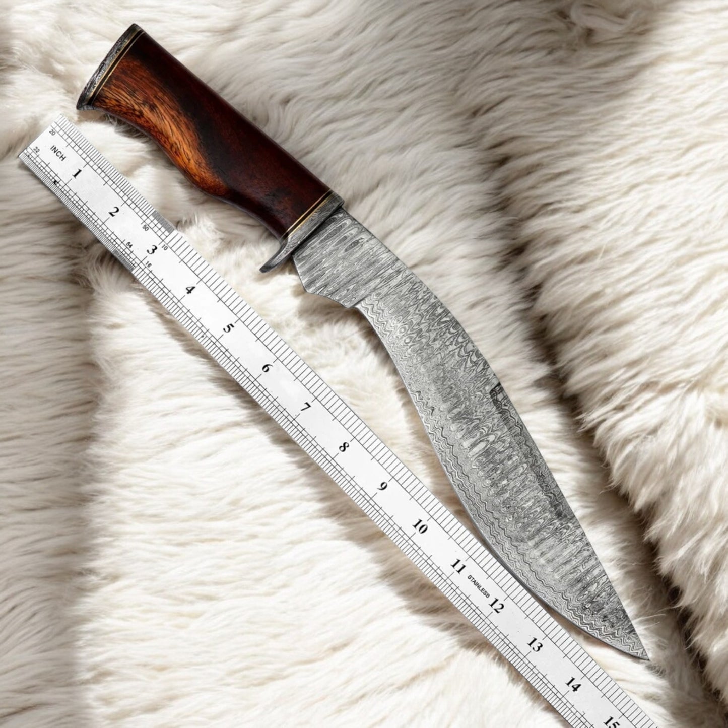 15” Custom Handmade Damascus Kukri Knife with Wood Handle & Leather Sheath | Arham Cutlery