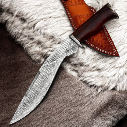 15” Custom Handmade Damascus Kukri Knife with Wood Handle & Leather Sheath | Arham Cutlery