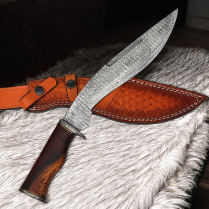 15” Custom Handmade Damascus Kukri Knife with Wood Handle & Leather Sheath | Arham Cutlery
