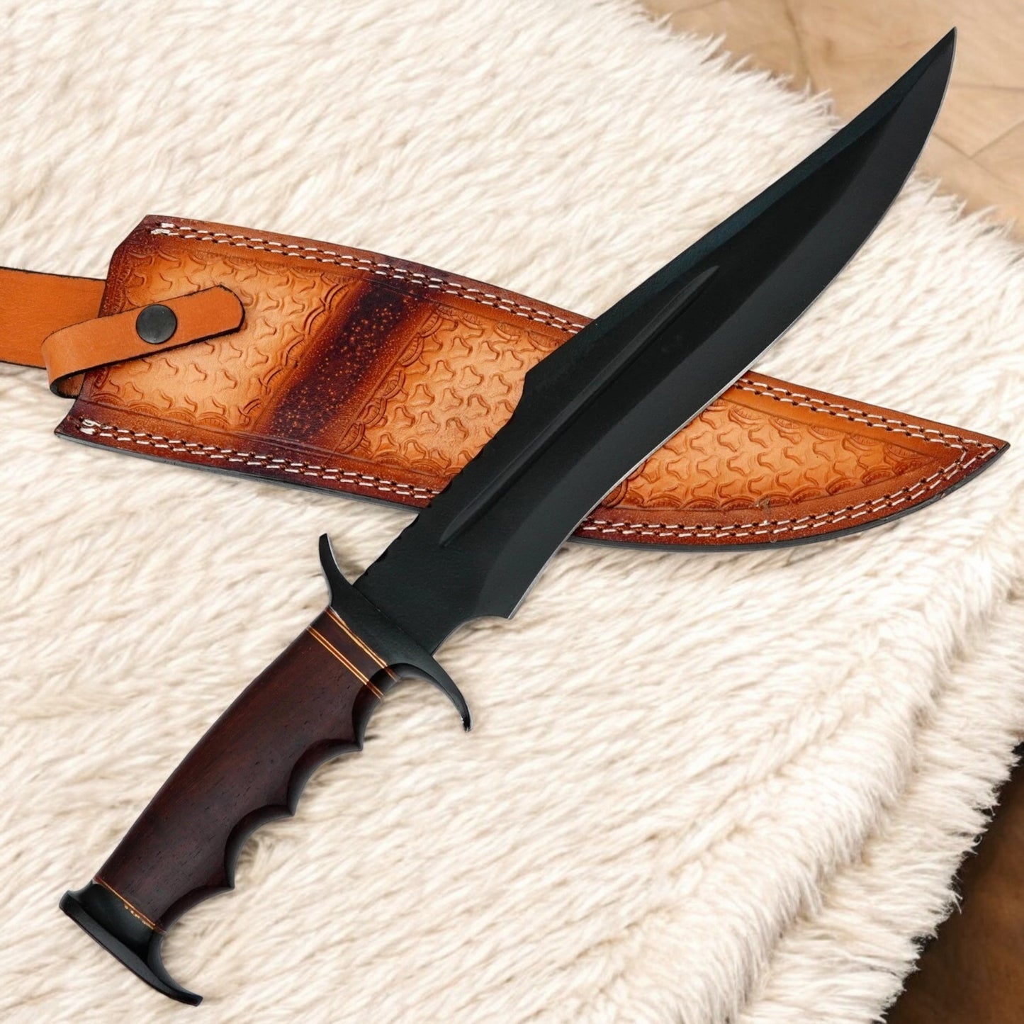 17.5” Custom Handmade D2 Steel Bowie Knife with Wood Handle & Leather Sheath | Arham Cutlery