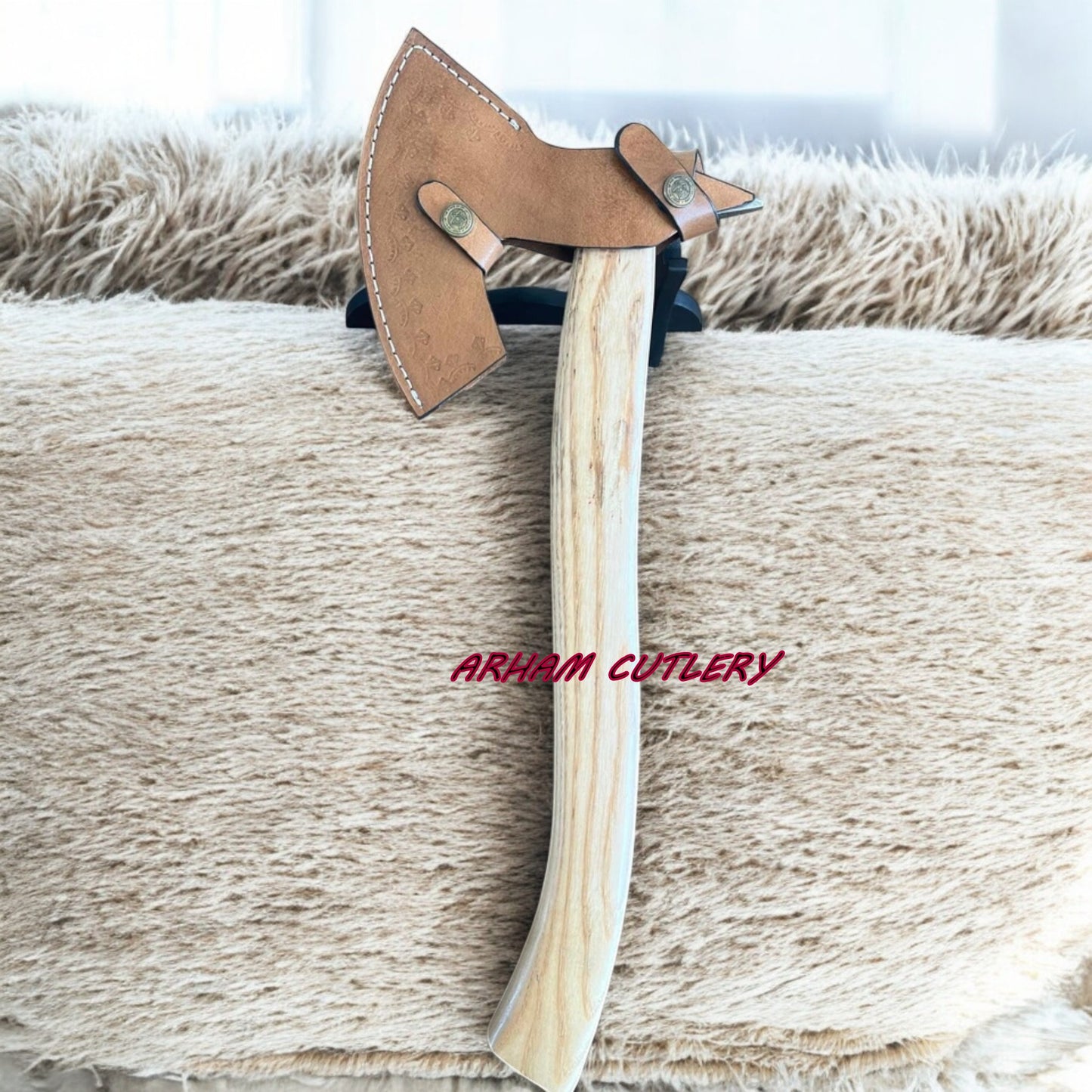 19” Custom Handmade Damascus Steel Axe with Wood Handle & Leather Sheath | Arham Cutlery