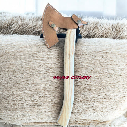 19” Custom Handmade Damascus Steel Axe with Wood Handle & Leather Sheath | Arham Cutlery