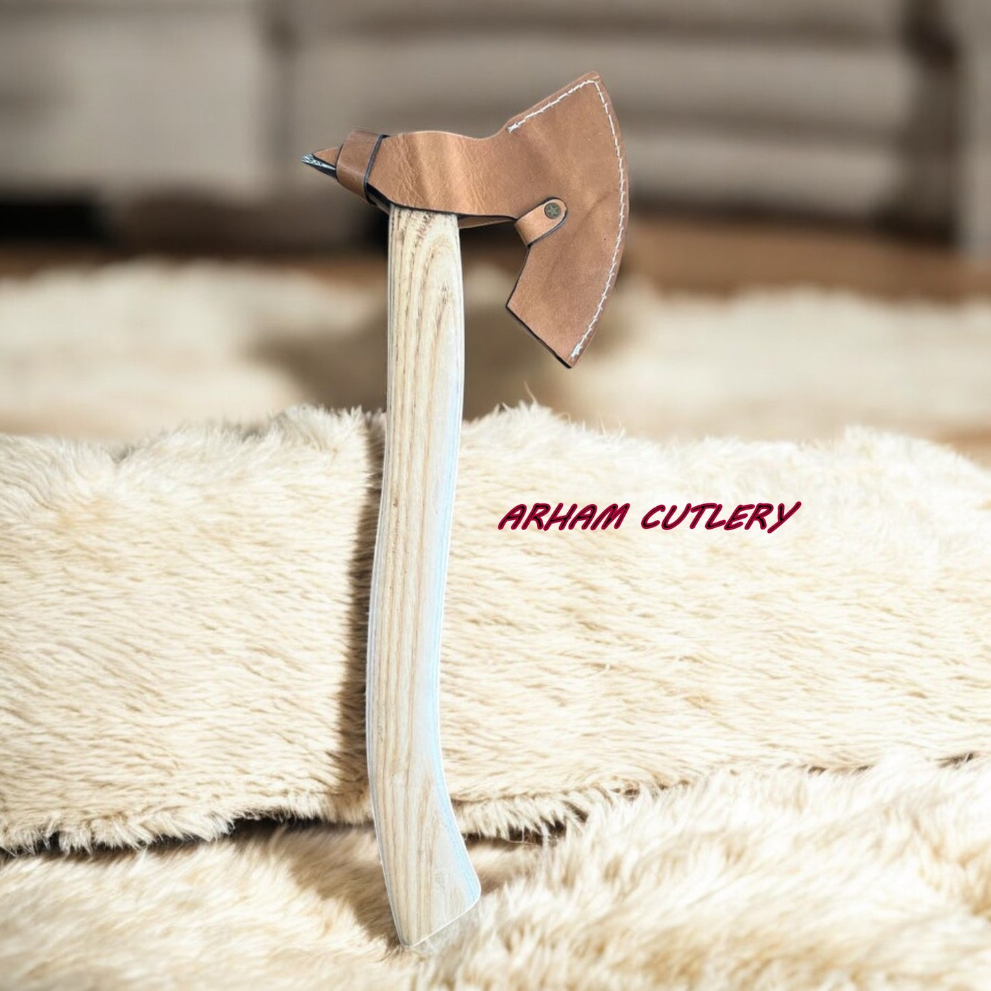 19” Custom Handmade Damascus Steel Axe with Wood Handle & Leather Sheath | Arham Cutlery