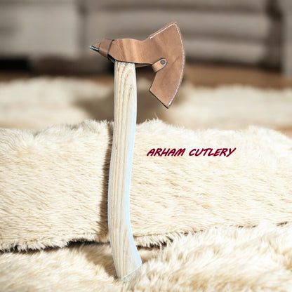 19” Custom Handmade Damascus Steel Axe with Wood Handle & Leather Sheath | Arham Cutlery