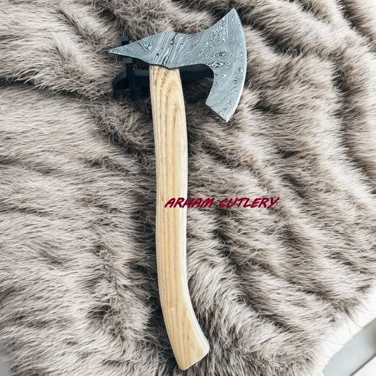 19” Custom Handmade Damascus Steel Axe with Wood Handle & Leather Sheath | Arham Cutlery
