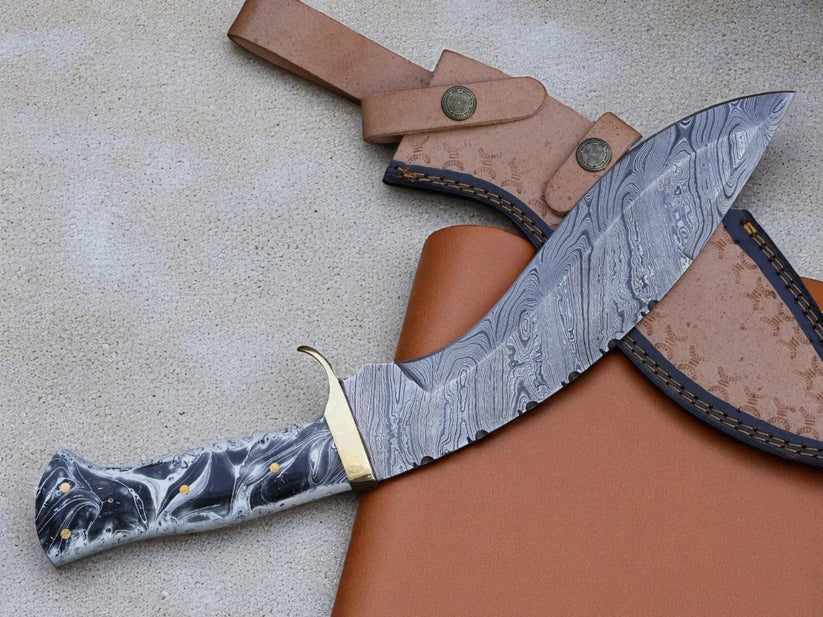 Custom Handmade 512 Layers Damascus Steel Kukri Knife with Resin Handle – Full Tang Hunting & Survival Knife with Leather Sheath Arham Cutlery