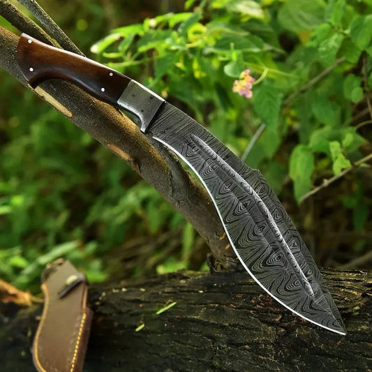Handmade Full Tang Damascus Gurkha Kukri Knife with Leather Sheath – 16" Fixed Blade Survival & Hunting Knife Arham Cutlery