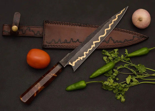 Custom Forged Copper Damascus Kitchen Knife | Amber Resin Chef Knife with Genuine Leather Sheath Arham Cutlery