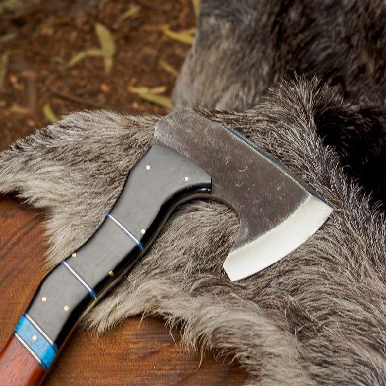 Custom Handmade Outdoor Hatchet with Turquoise & Resin Handle | 1095 High Carbon Steel Bushcraft Axe Arham Cutlery