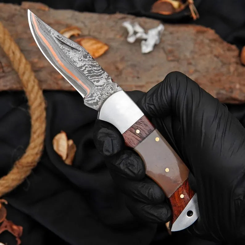 Custom Damascus Pocket Knife with Rosewood & Ram Horn Handle | Handmade Folding Collector Knife Arham Cutlery