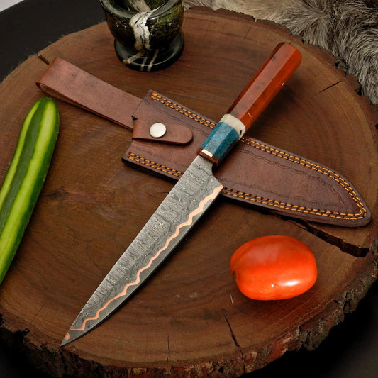 Artisan Copper Damascus Kitchen Knife, 8 Inch Blade, Resin & Leather Sheath Arham Cutlery