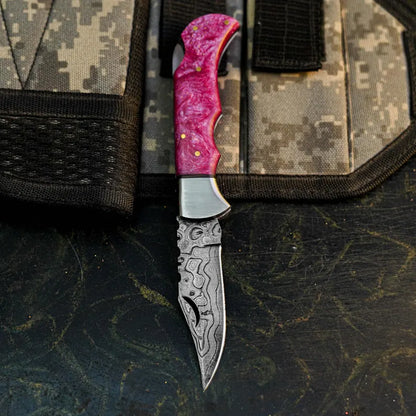 Artisan Damascus Pocket Folder with Colorful Resin Handle Arham Cutlery