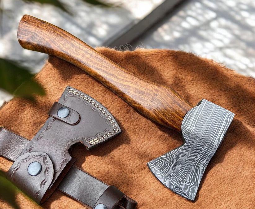 Artisan Forged Damascus Hatchet with Rosewood Grip | Handmade Twisted Pattern Steel Axe Arham Cutlery