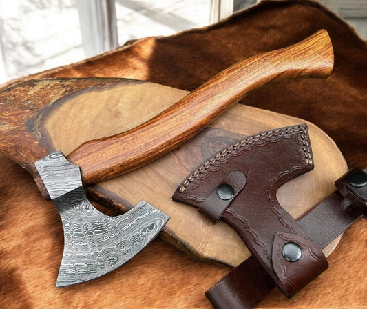 Artisan Damascus Hatchet with Rosewood Grip | Handmade Twisted Pattern Steel Axe & Leather Sheath Arham Cutlery