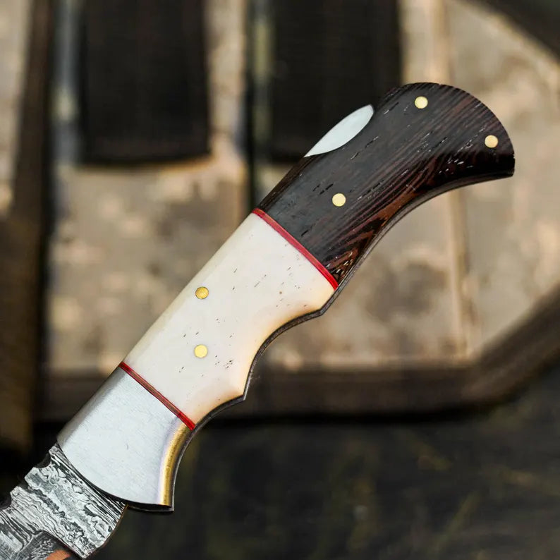 Handmade Damascus Pocket Knife with Wenge & Camel Bone Arham Cutlery