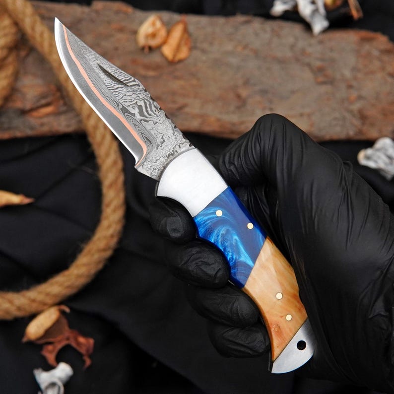 Custom Damascus Pocket Knife with Blue Resin & Hardwood Handle | Handmade Folding EDC Knife Arham Cutlery
