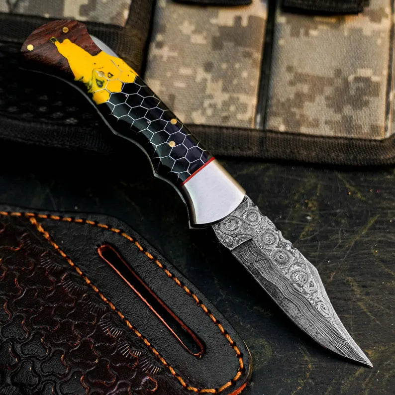 Handmade Damascus Pocket Knife with Artistic Wood Resin Handle Arham Cutlery