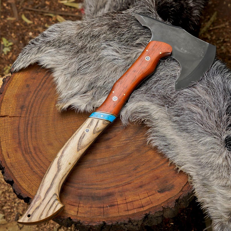 Custom Handmade Bushcraft Axe with Ash & Paddock Wood Handle | 1095 High Carbon Steel Outdoor Hatchet Arham Cutlery