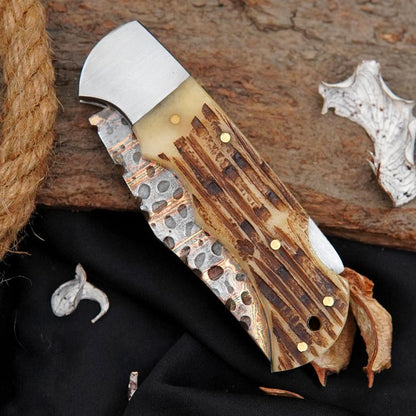 Custom Bone Handle Folding Knife | Handmade Patterned Blade EDC Pocket Knife with Back Lock Arham Cutlery