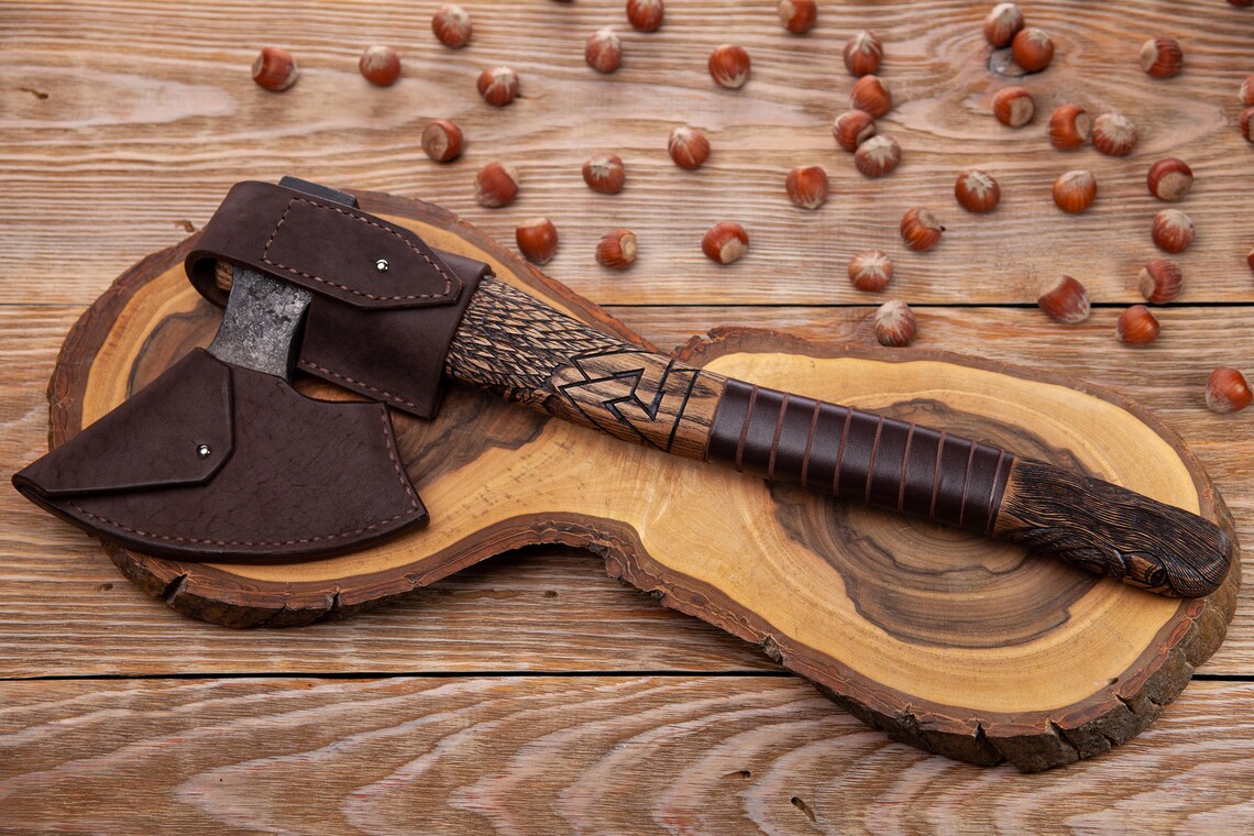 Handmade Odin Viking Forest Axe – Baltic Carving Hatchet with Ash Wood Handle & Leather Case Arham Cutlery