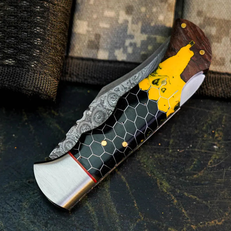 Handmade Damascus Pocket Knife with Artistic Wood Resin Handle Arham Cutlery