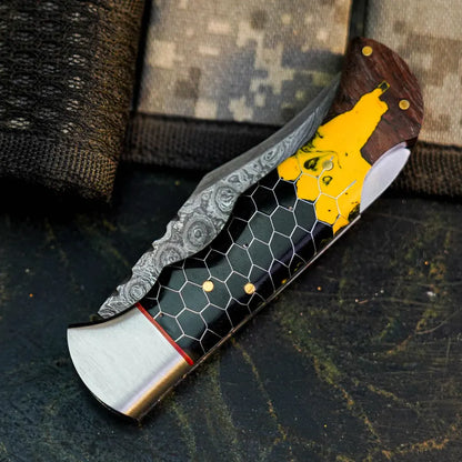Handmade Damascus Pocket Knife with Artistic Wood Resin Handle Arham Cutlery