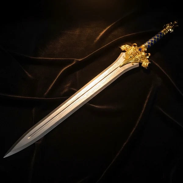 Ornate Gold Lion Broad Sword with Blue Leather Grip Arham Cutlery