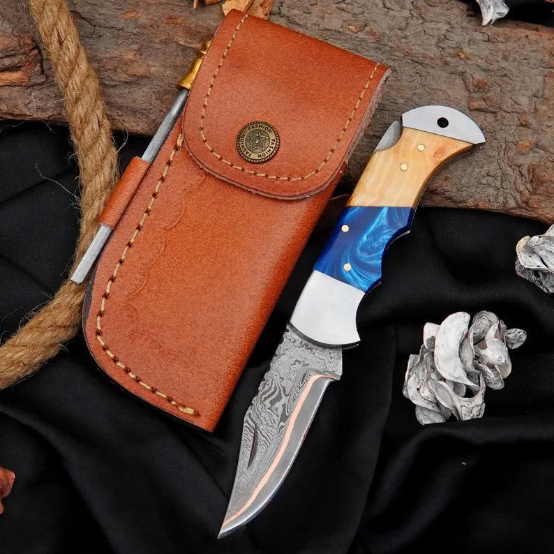 Custom Damascus Pocket Knife with Blue Resin & Hardwood Handle | Handmade Folding EDC Knife Arham Cutlery