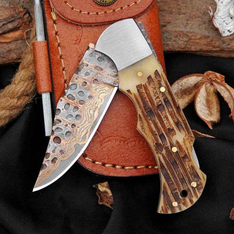 Custom Bone Handle Folding Knife | Handmade Patterned Blade EDC Pocket Knife with Back Lock Arham Cutlery