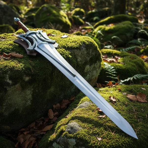 Ornate Silver Guard Fantasy Sword with Brown Leather Handle Arham Cutlery