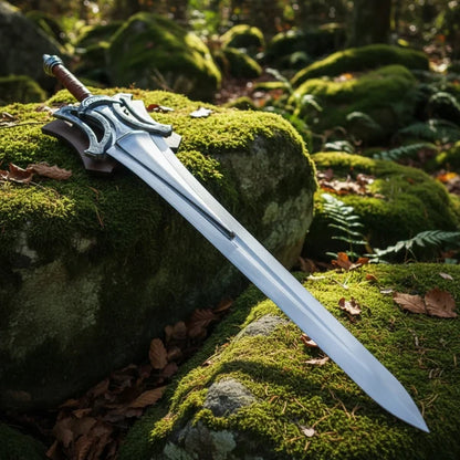 Ornate Silver Guard Fantasy Sword with Brown Leather Handle Arham Cutlery