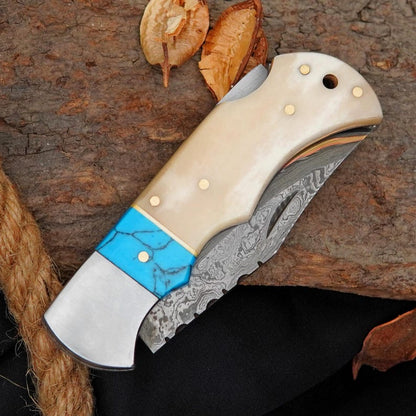 Handmade Damascus Pocket Knife with Camel Bone & Turquoise Inlay | Copper Brass Core Folding Knife Arham Cutlery