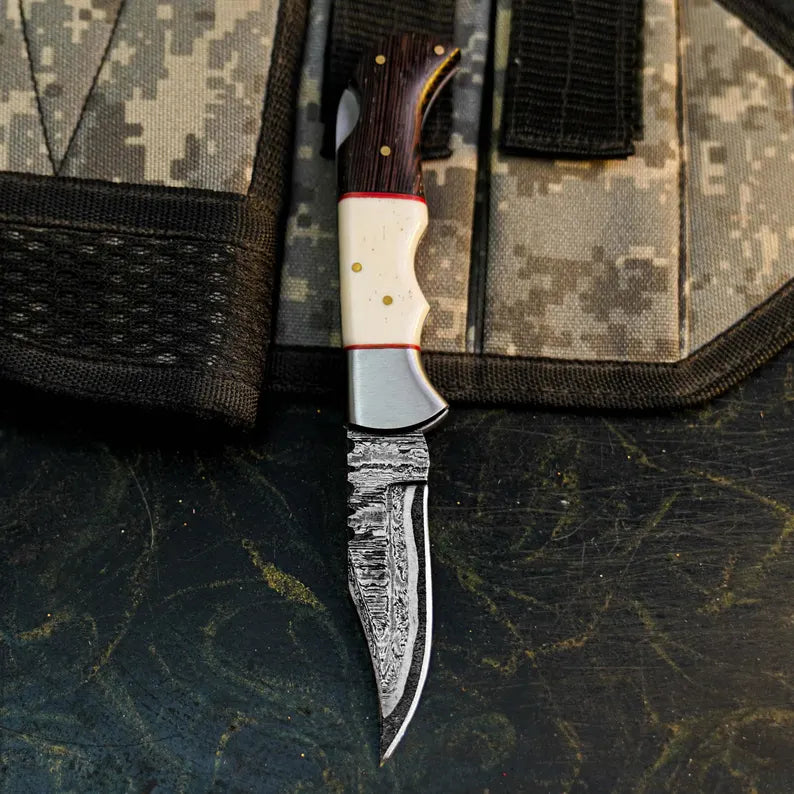 Handmade Damascus Pocket Knife with Wenge & Camel Bone Arham Cutlery