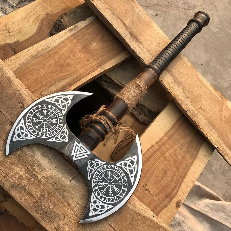 Custom Forged Viking Double-Edge Axe – High Carbon Steel with Wooden Handle & Leather Guard Arham Cutlery