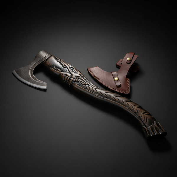 Carved Norse Bearded Axe, 18 Inch Carbon Steel Viking Axe with Leather Sheath Arham Cutlery