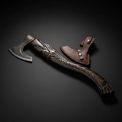 Carved Norse Bearded Axe, 18 Inch Carbon Steel Viking Axe with Leather Sheath Arham Cutlery