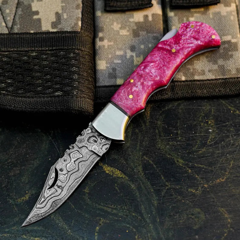 Artisan Damascus Pocket Folder with Colorful Resin Handle Arham Cutlery