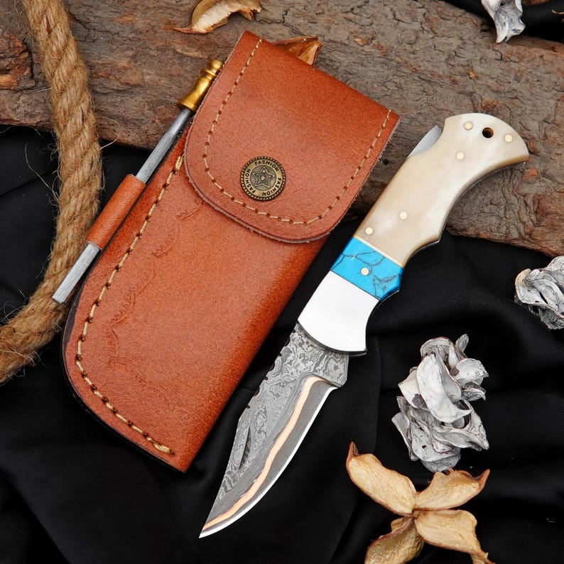 Handmade Damascus Pocket Knife with Camel Bone & Turquoise Inlay | Copper Brass Core Folding Knife Arham Cutlery