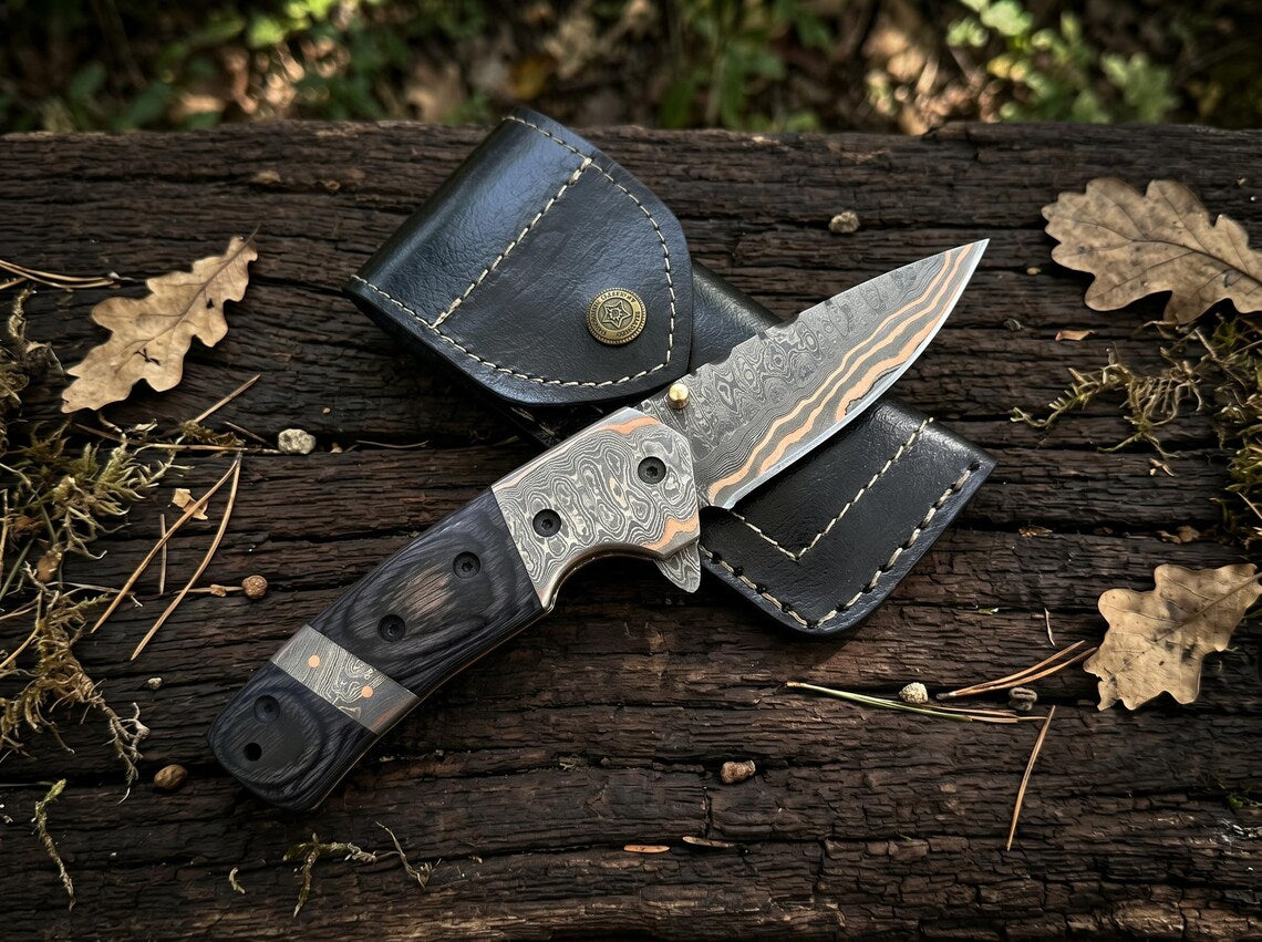Custom Copper Damascus Pocket Knife – Handmade Folding EDC Knife with Leather Sheath for Collectors & Gift Giving Arham Cutlery