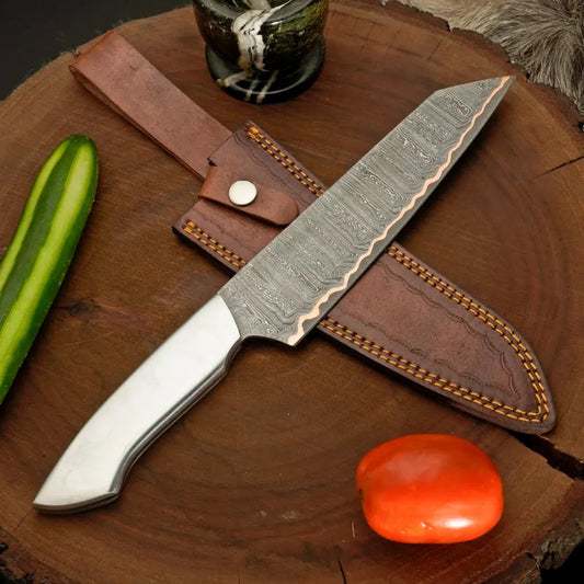 Personalized Copper Damascus Kitchen Knife with Silver Handle Arham Cutlery