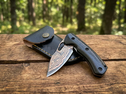 Custom Copper Damascus Pocket Knife with Leather Sheath – Handmade Folding EDC Knife for Collectors & Outdoorsmen Arham Cutlery