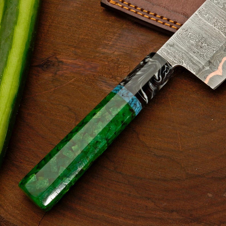 Personalized Damascus Kitchen Knife with Green Resin Handle Arham Cutlery